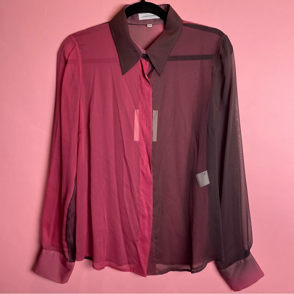 Vintage NWT 100% Silk Sheer Button Down Blouse Pink & Burgundy Costume National